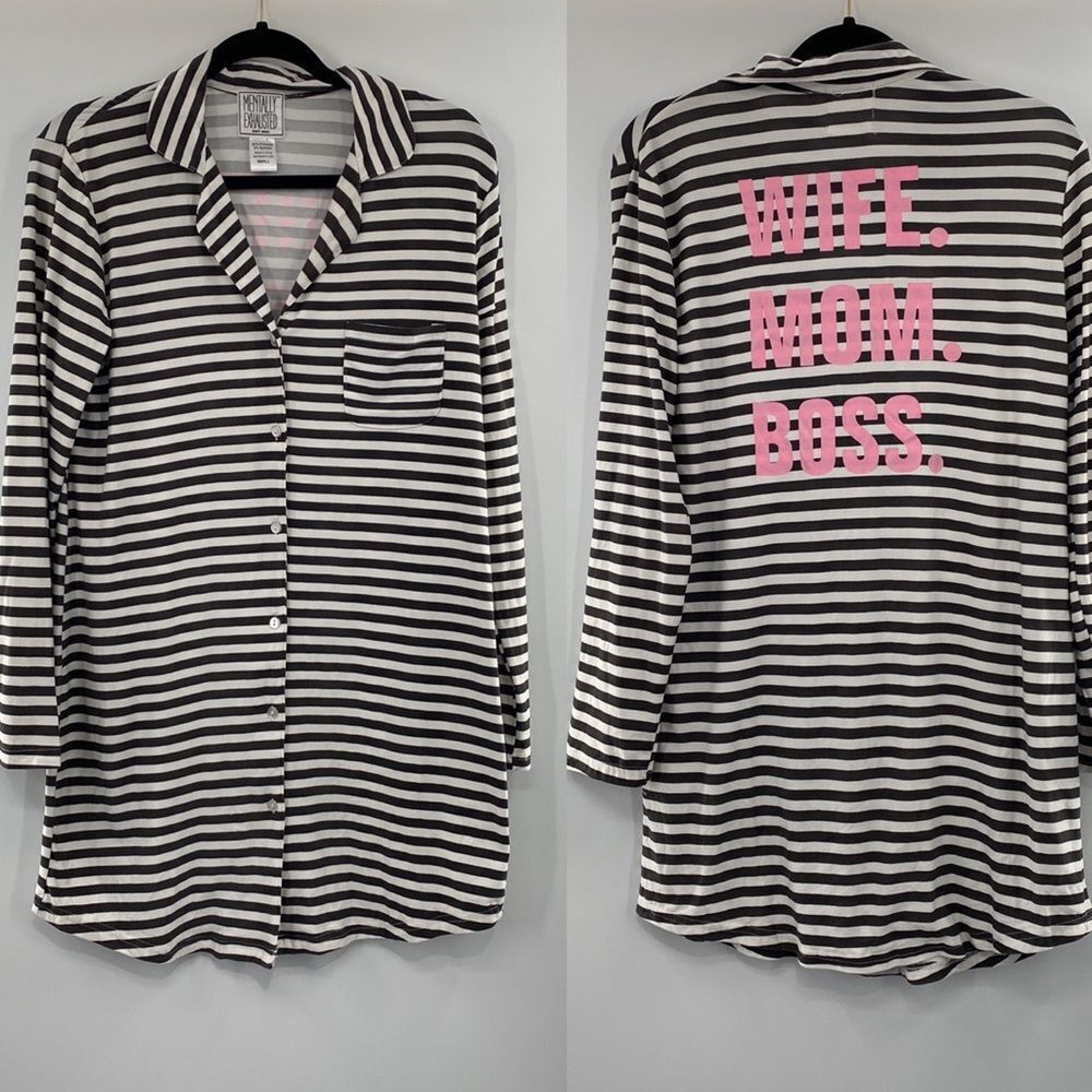 3For$20 Mentally Exhausted striped Pajamas Super Soft Button Down size small